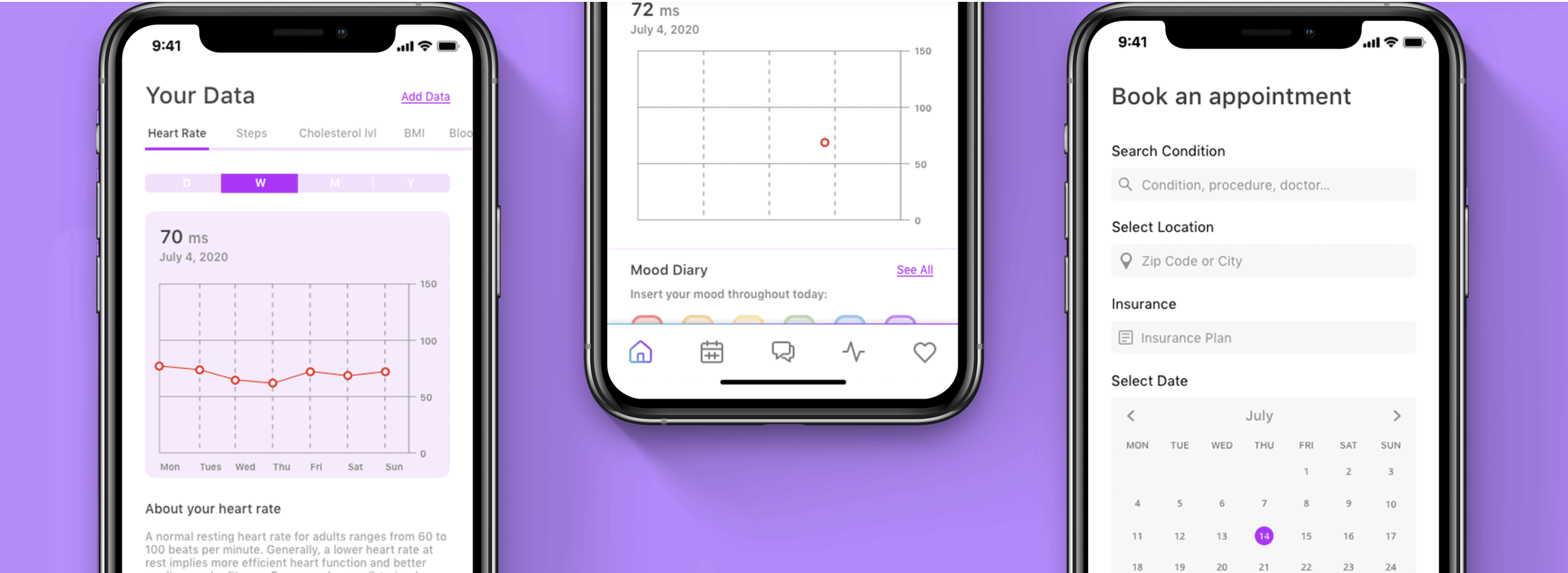 Mock-up of StreaMed, on three different iphones each containing different health data.